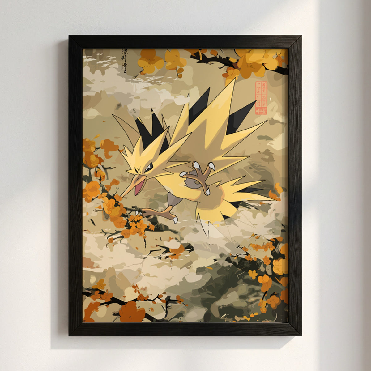 Zapdos electric bird poster with warm yellow and orange vintage style autumn colours
