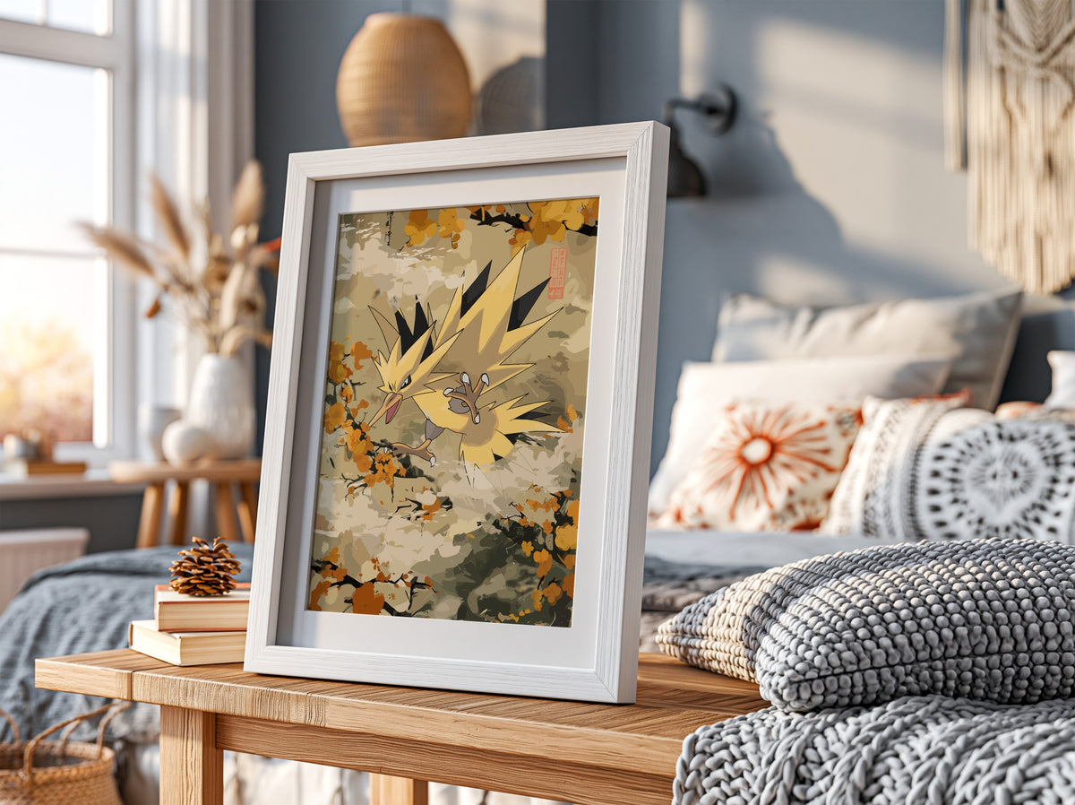 Zapdos electric bird poster with warm yellow and orange vintage style autumn colours