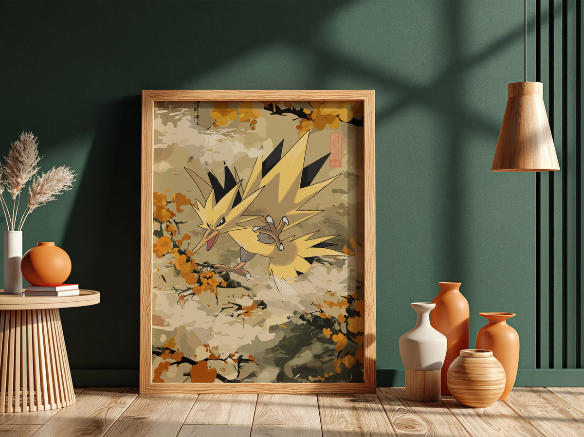 Zapdos electric bird poster with warm yellow and orange vintage style autumn colours