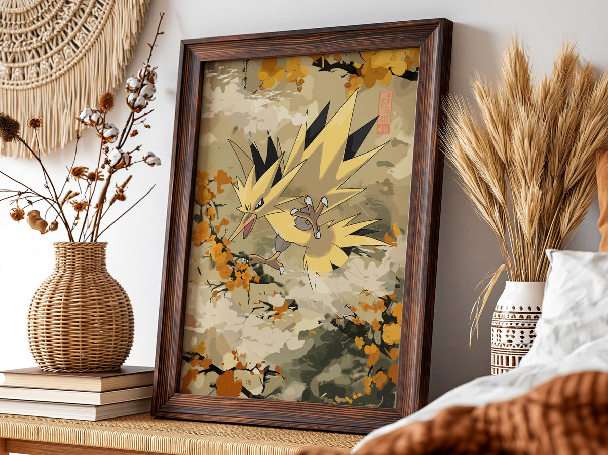 Zapdos electric bird poster with warm yellow and orange vintage style autumn colours
