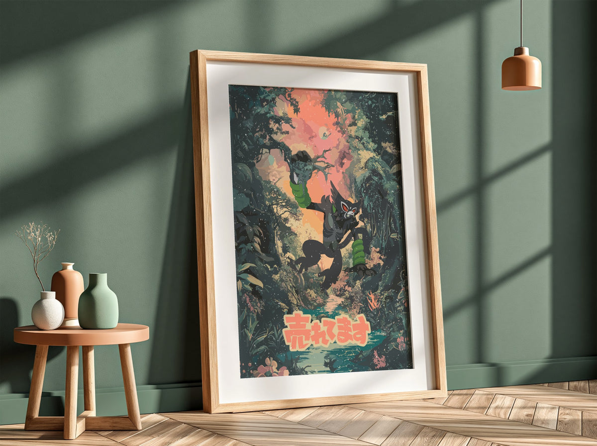 Poster of Zarude in vibrant jungle setting with green foliage and warm sunset colors