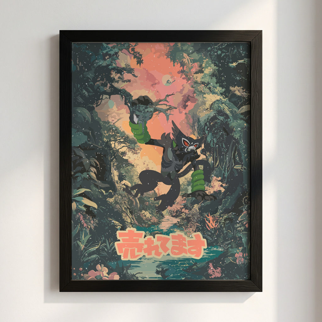 Poster of Zarude in vibrant jungle setting with green foliage and warm sunset colors
