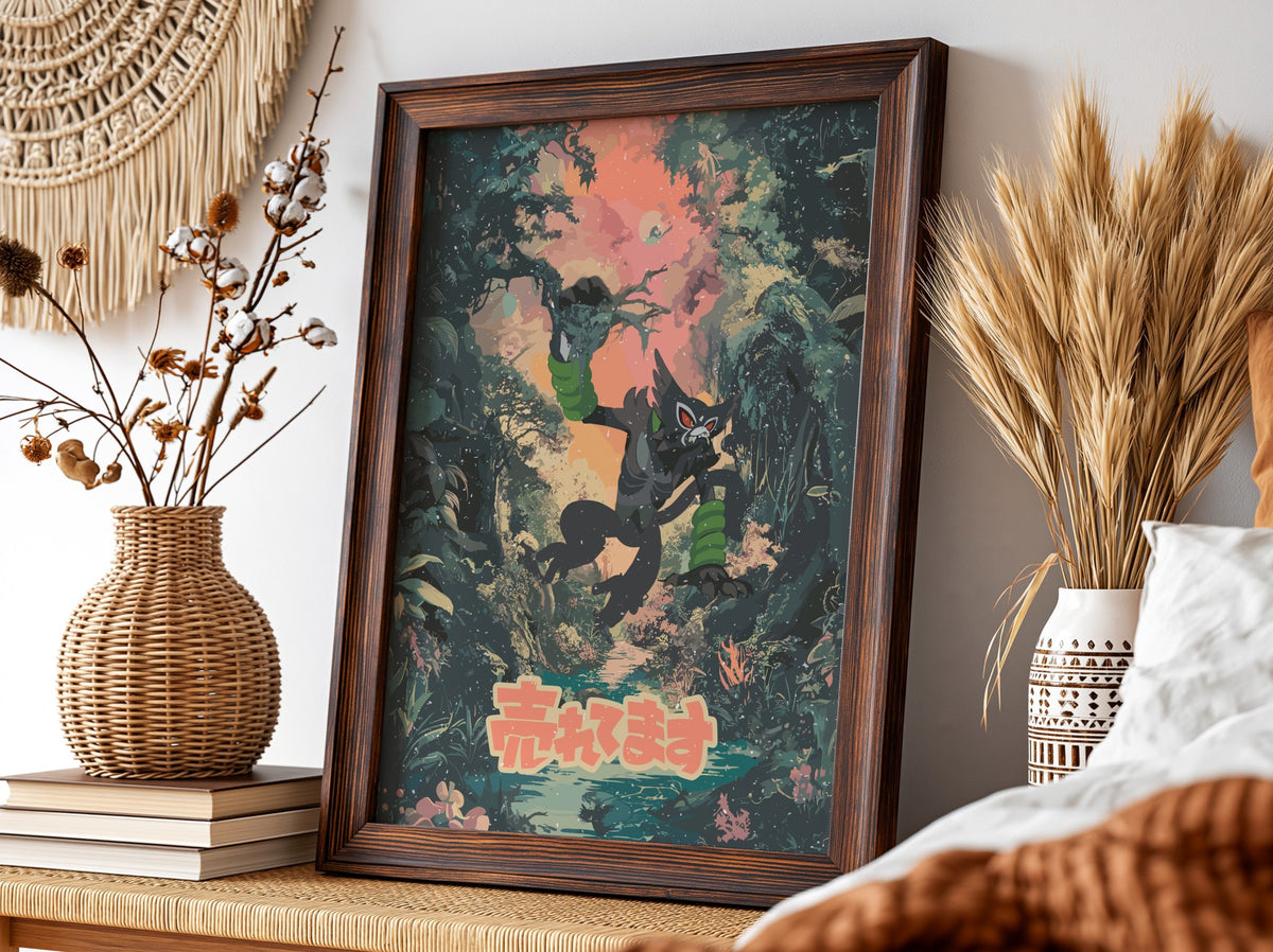 Poster of Zarude in vibrant jungle setting with green foliage and warm sunset colors