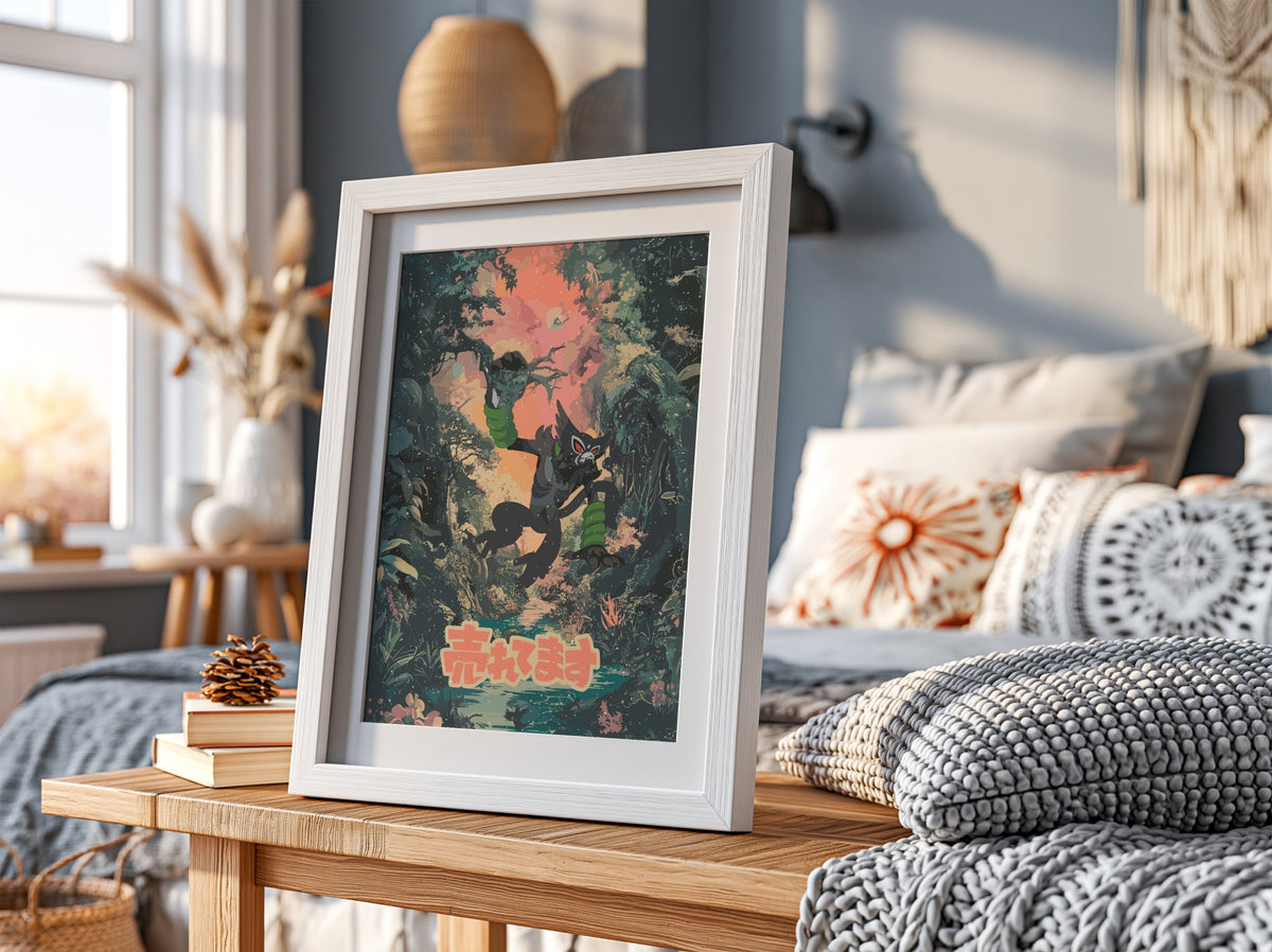 Poster of Zarude in vibrant jungle setting with green foliage and warm sunset colors