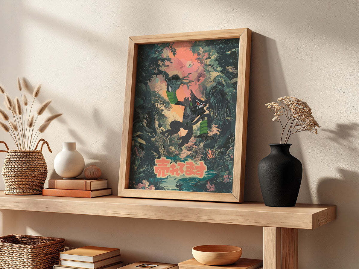 Poster of Zarude in vibrant jungle setting with green foliage and warm sunset colors