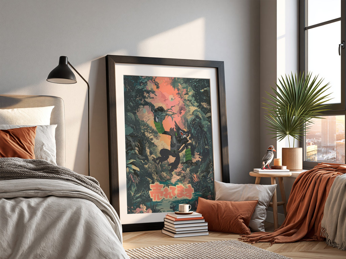 Poster of Zarude in vibrant jungle setting with green foliage and warm sunset colors