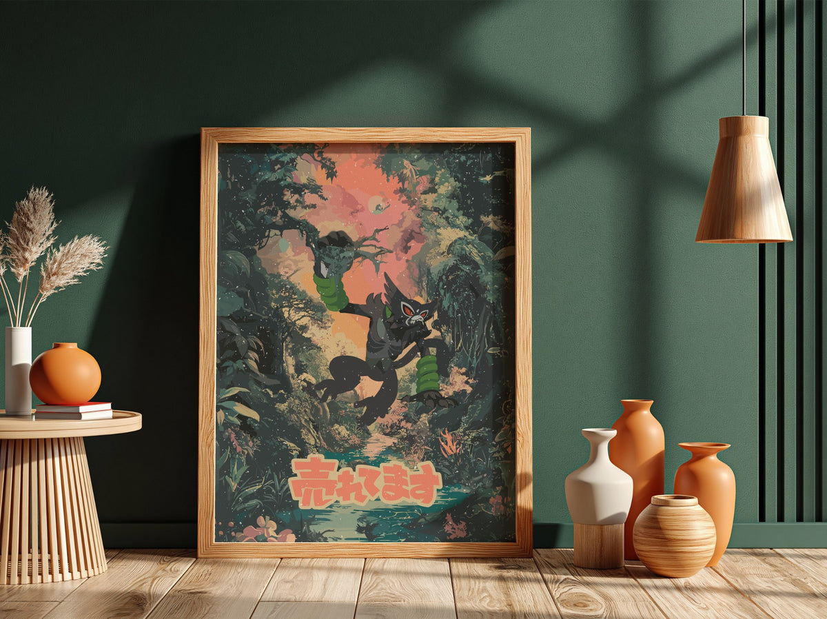 Poster of Zarude in vibrant jungle setting with green foliage and warm sunset colors