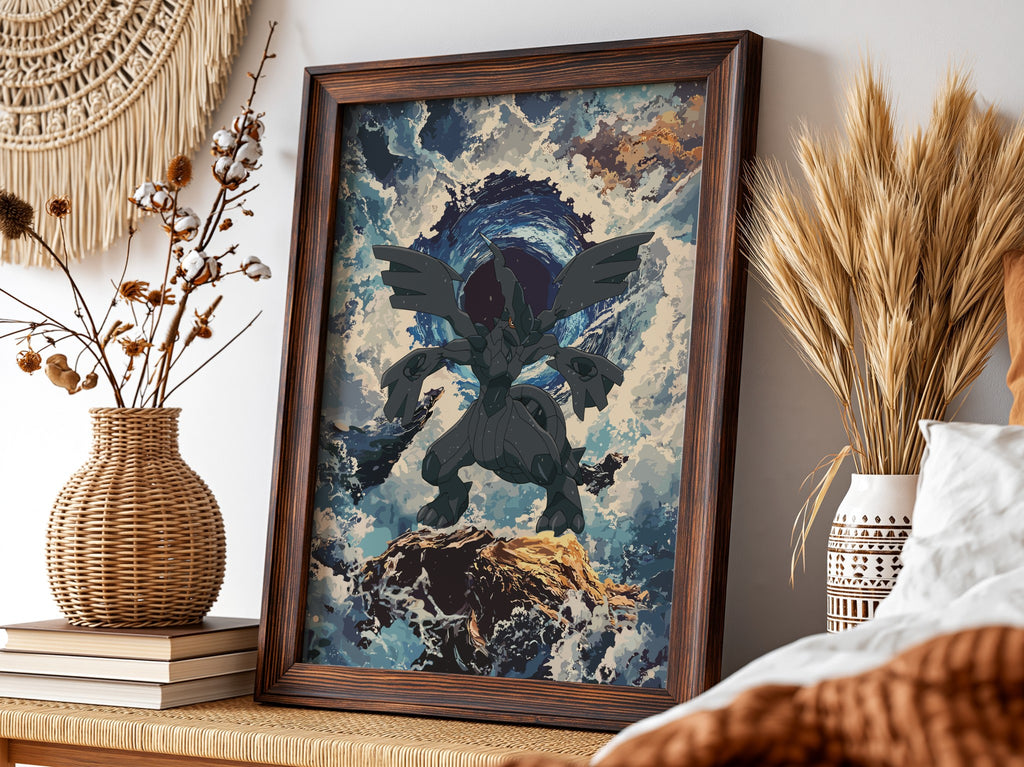 Zekrom poster depicting electric dragon with dark wings, stormy blue sky, and rocky foreground