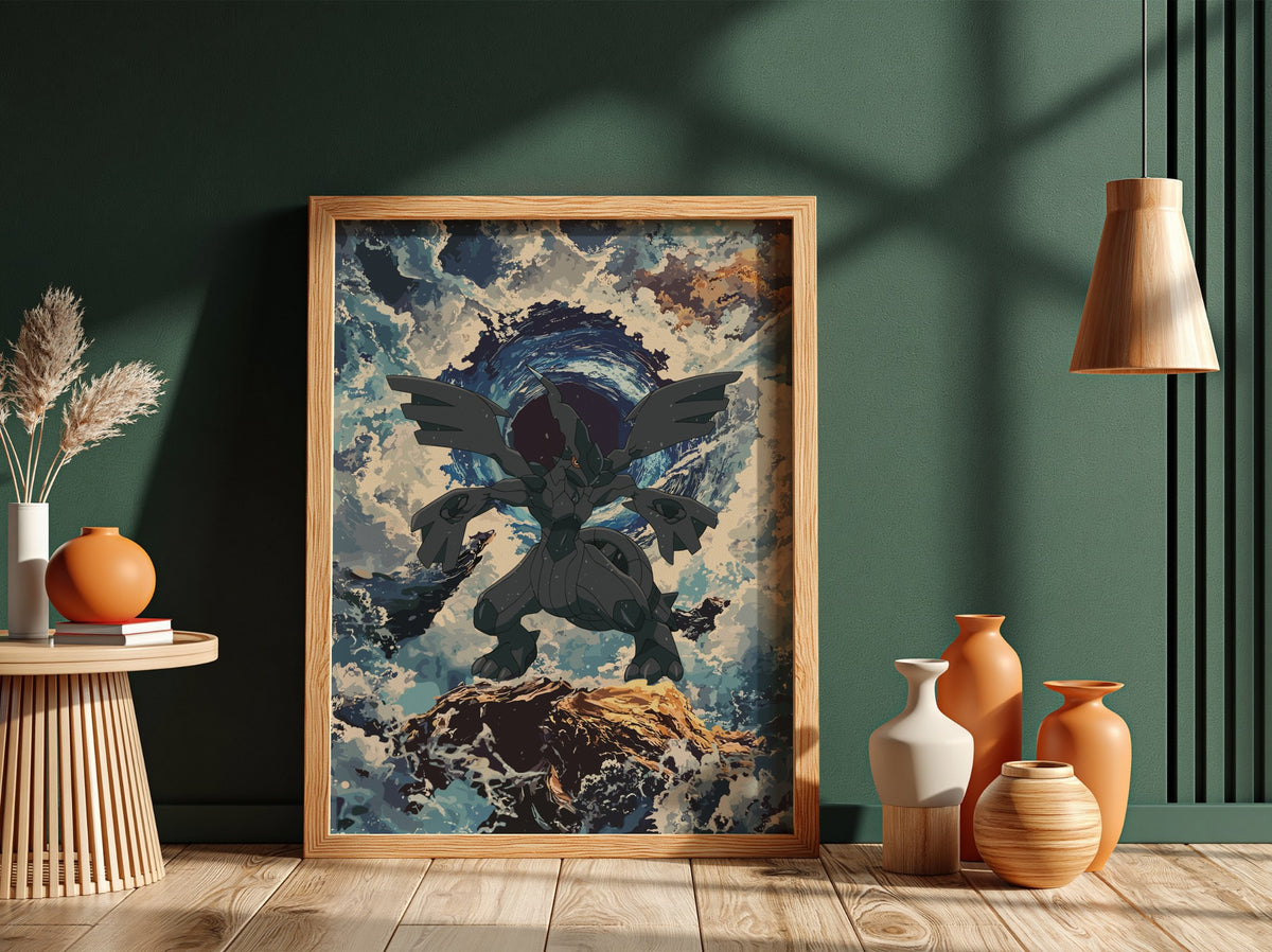 Zekrom poster depicting electric dragon with dark wings, stormy blue sky, and rocky foreground