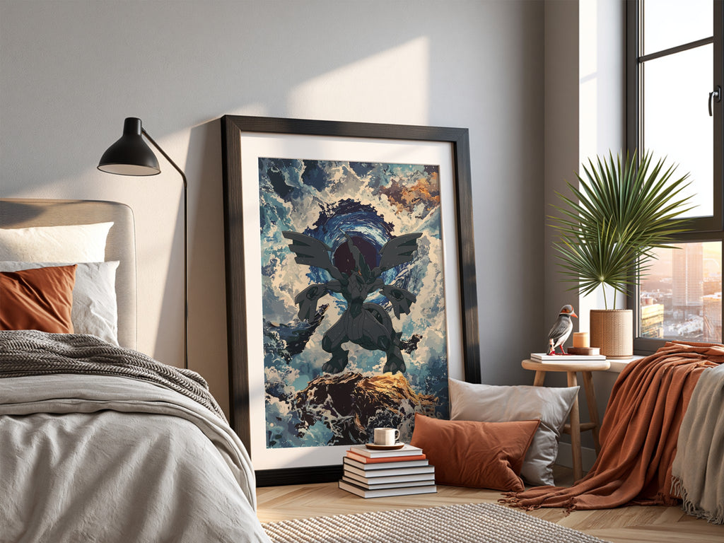 Zekrom poster depicting electric dragon with dark wings, stormy blue sky, and rocky foreground
