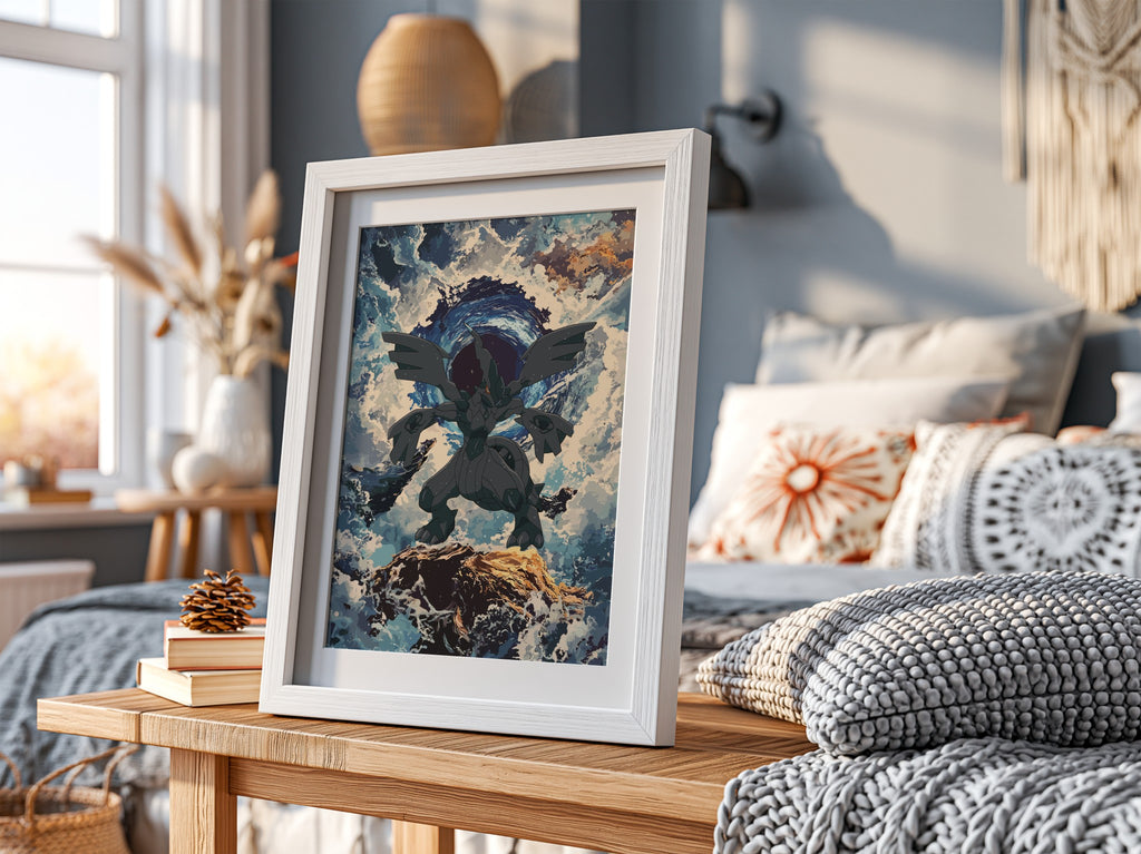 Zekrom poster depicting electric dragon with dark wings, stormy blue sky, and rocky foreground