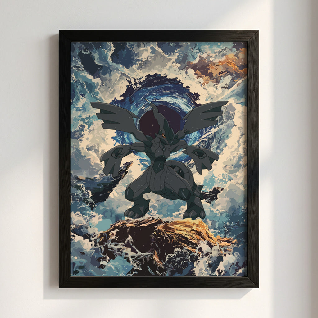 Zekrom poster depicting electric dragon with dark wings, stormy blue sky, and rocky foreground