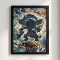 Zekrom poster depicting electric dragon with dark wings, stormy blue sky, and rocky foreground