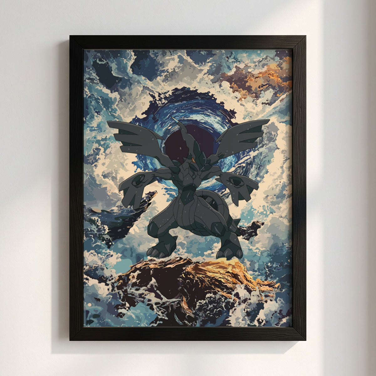 Zekrom poster depicting electric dragon with dark wings, stormy blue sky, and rocky foreground