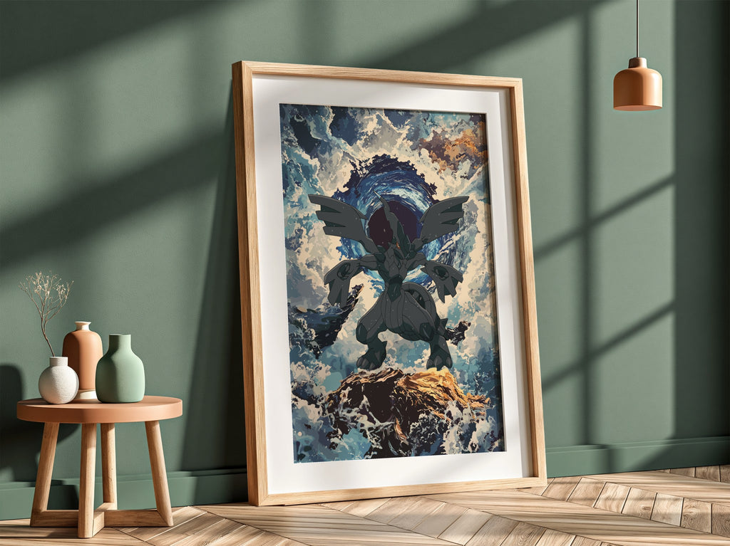 Zekrom poster depicting electric dragon with dark wings, stormy blue sky, and rocky foreground