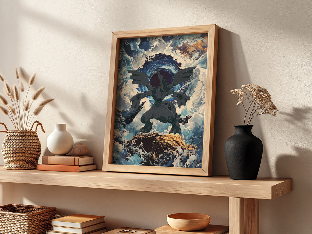 Zekrom poster depicting electric dragon with dark wings, stormy blue sky, and rocky foreground