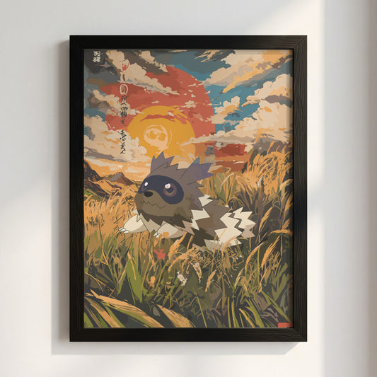 Poster of Zigzagoon in stylized nature scene with warm sunset colors and animated style