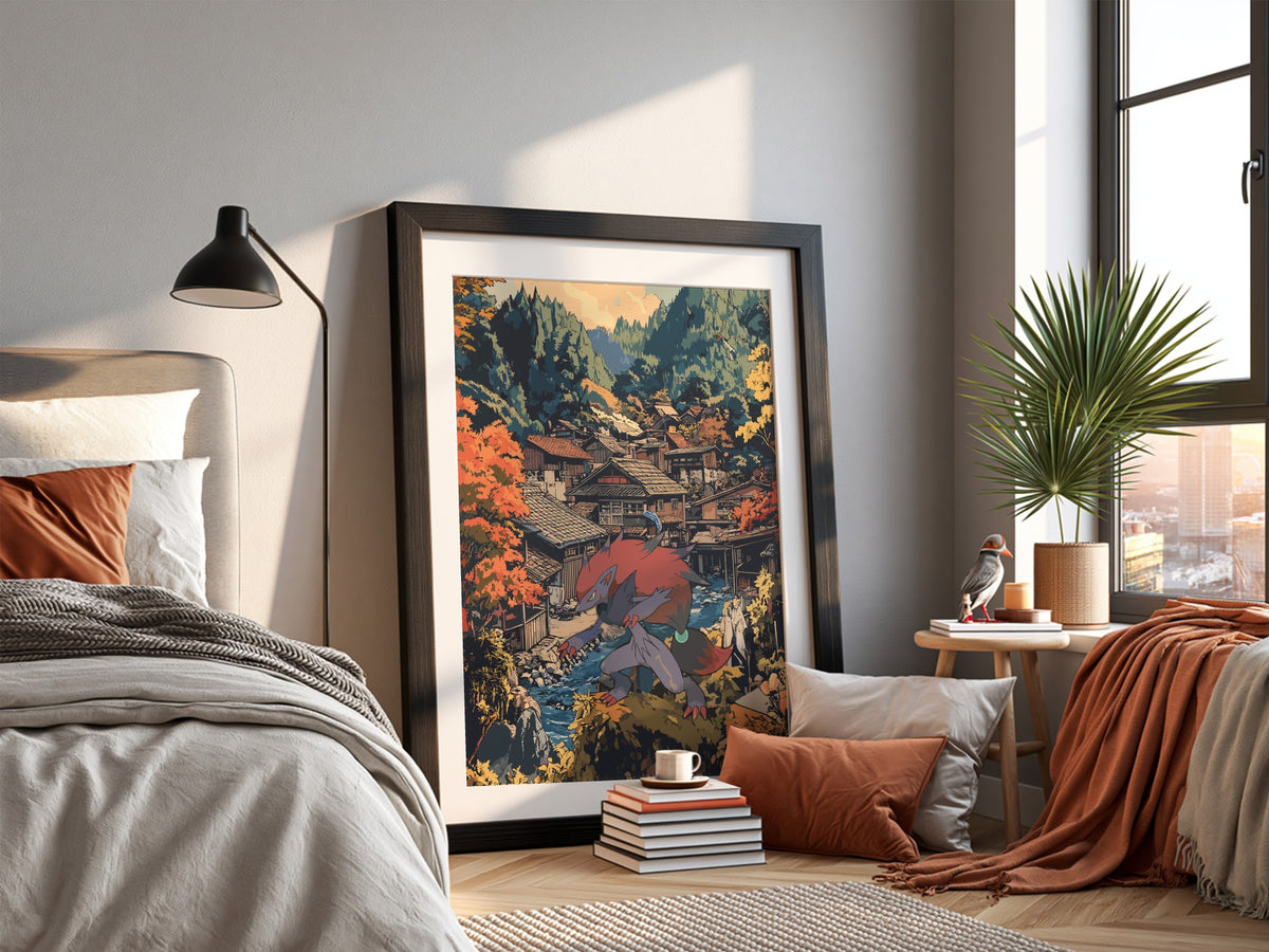 Framed fantasy poster featuring Zoroark in red and gray with autumn village background in warm tones