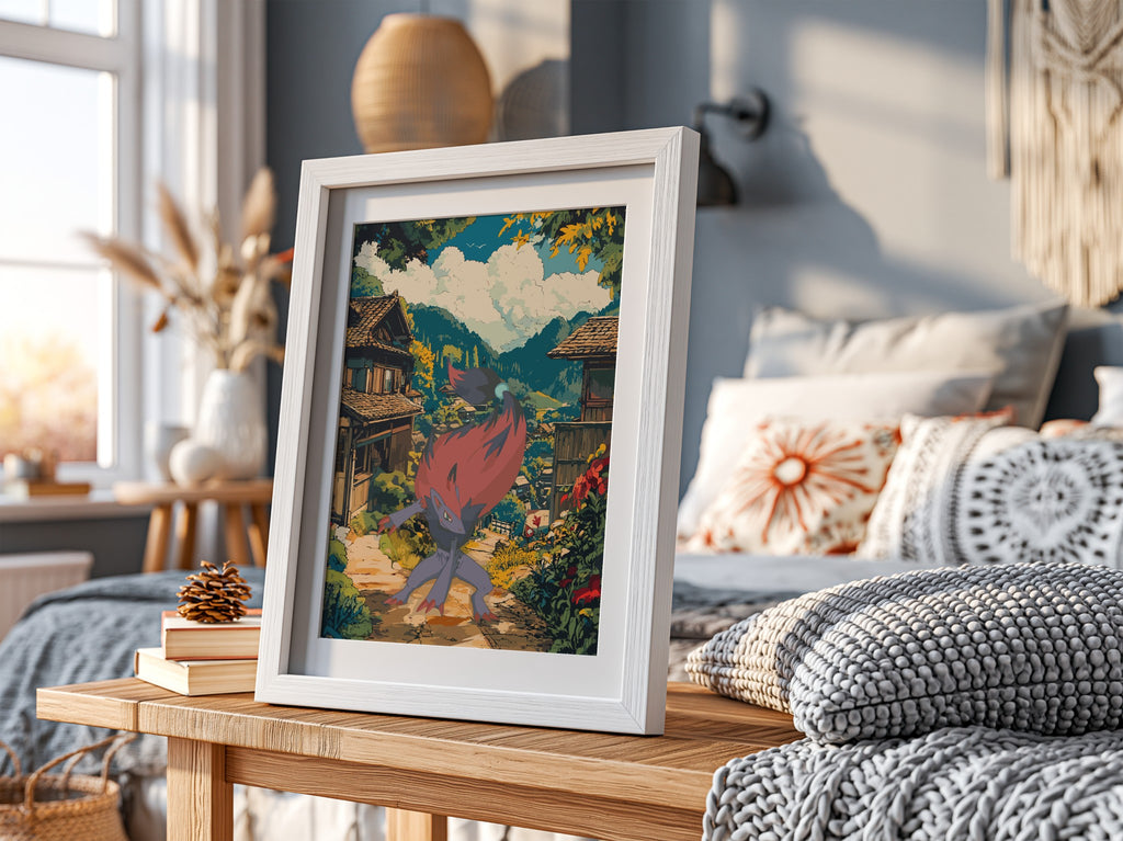 Anime poster featuring Zoroark with red mane in vibrant village setting with traditional houses and lush