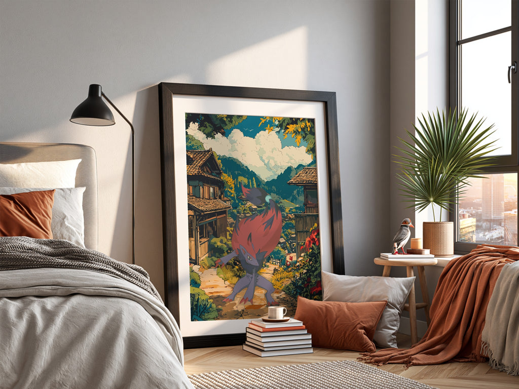 Anime poster featuring Zoroark with red mane in vibrant village setting with traditional houses and lush