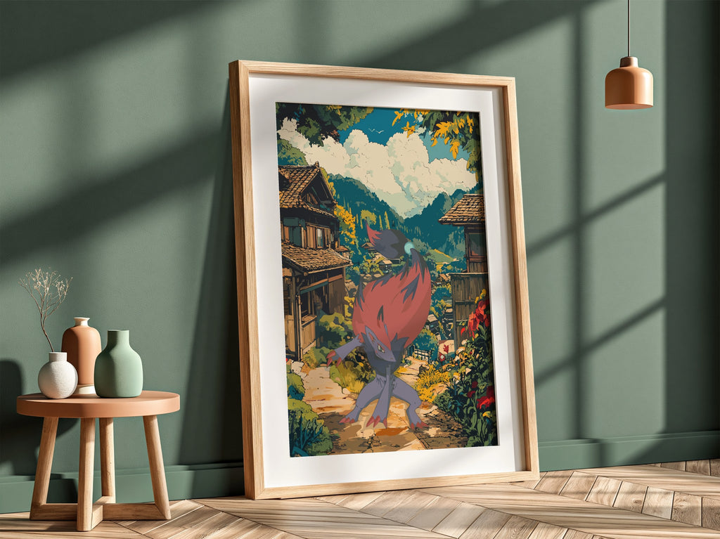 Anime poster featuring Zoroark with red mane in vibrant village setting with traditional houses and lush