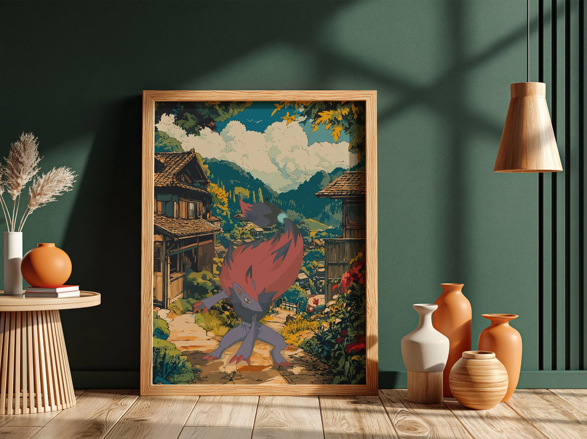 Anime poster featuring Zoroark with red mane in vibrant village setting with traditional houses and lush