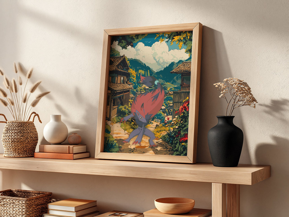 Anime poster featuring Zoroark with red mane in vibrant village setting with traditional houses and lush
