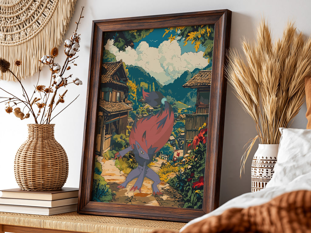 Anime poster featuring Zoroark with red mane in vibrant village setting with traditional houses and lush