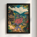 Anime poster featuring Zoroark with red mane in vibrant village setting with traditional houses and lush