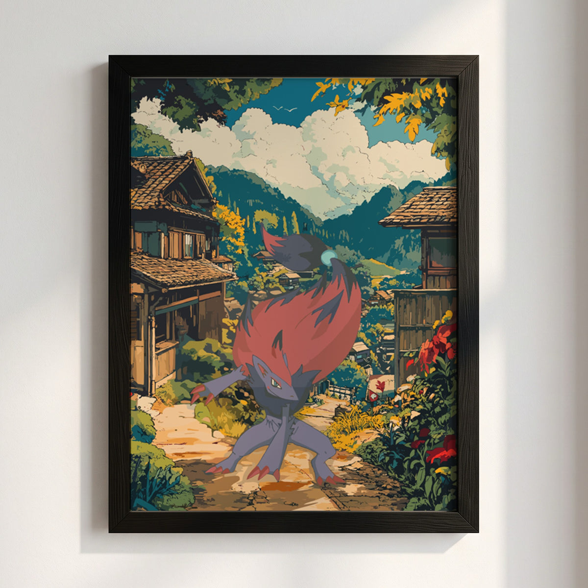 Anime poster featuring Zoroark with red mane in vibrant village setting with traditional houses and lush