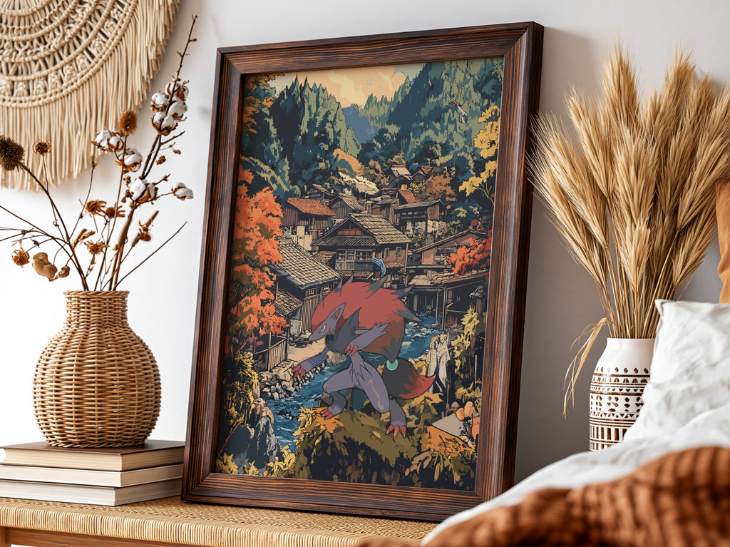 Framed fantasy poster featuring Zoroark in red and gray with autumn village background in warm tones