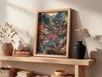 Framed fantasy poster featuring Zoroark in red and gray with autumn village background in warm tones