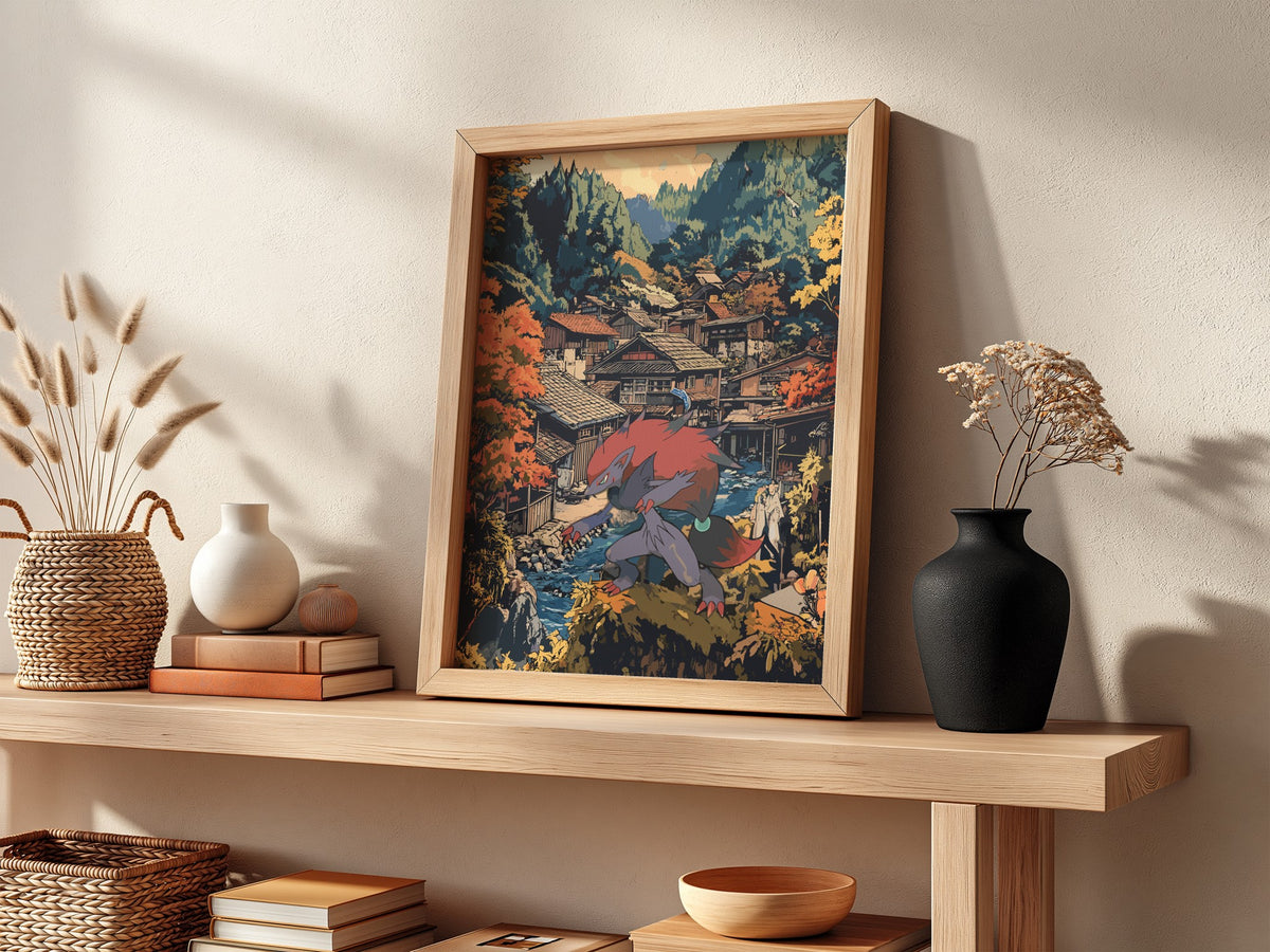 Framed fantasy poster featuring Zoroark in red and gray with autumn village background in warm tones