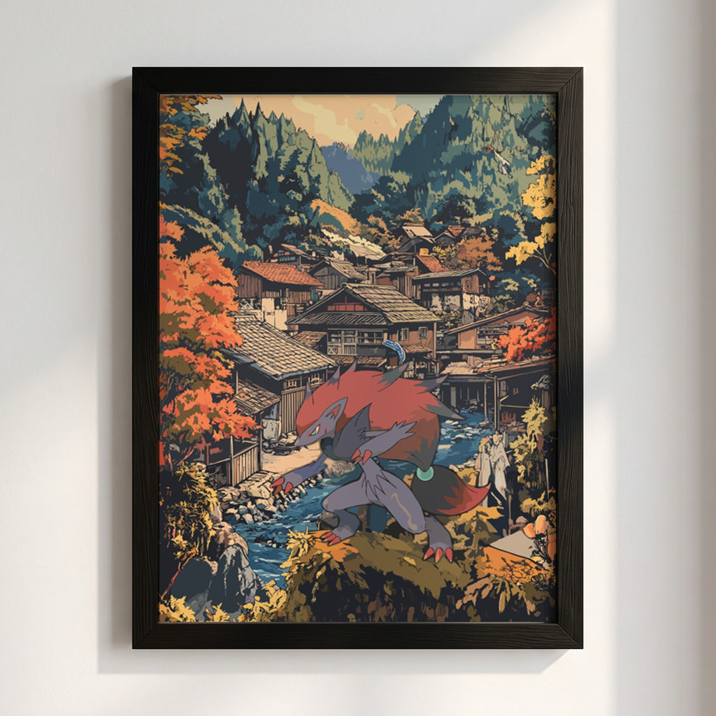 Framed fantasy poster featuring Zoroark in red and gray with autumn village background in warm tones