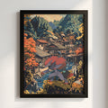 Framed fantasy poster featuring Zoroark in red and gray with autumn village background in warm tones