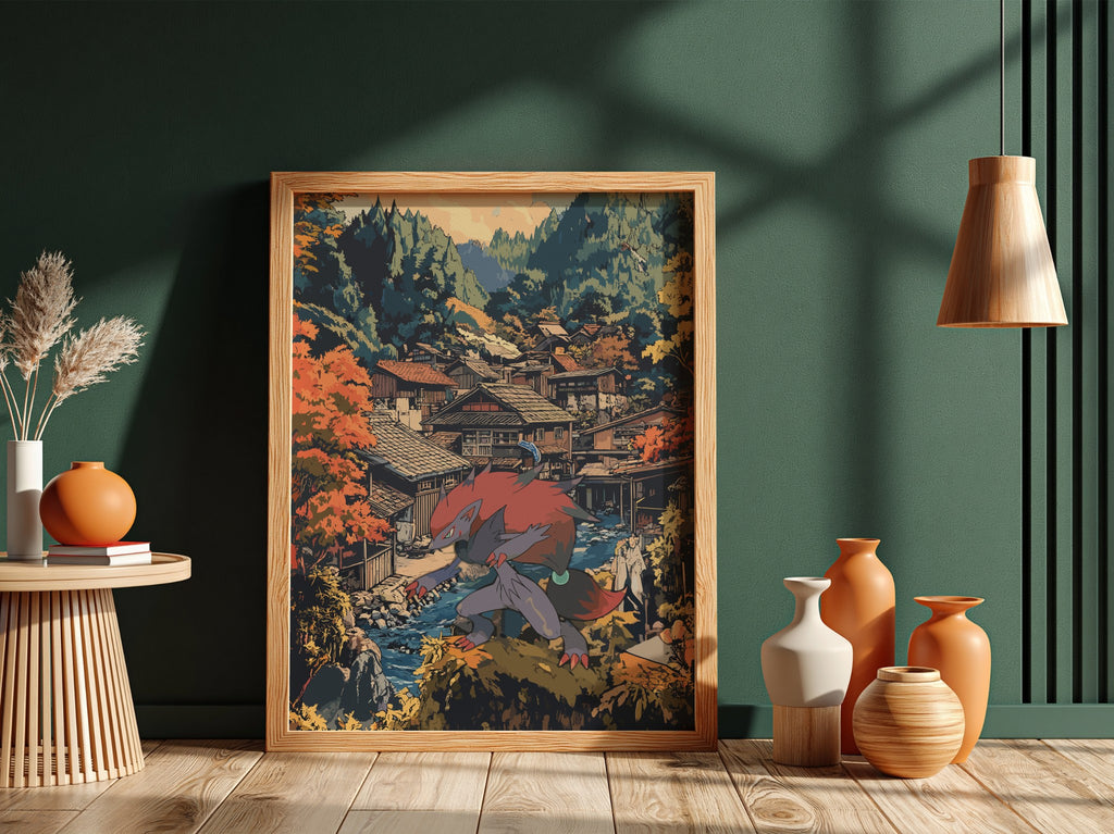 Framed fantasy poster featuring Zoroark in red and gray with autumn village background in warm tones