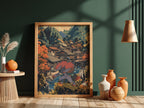 Framed fantasy poster featuring Zoroark in red and gray with autumn village background in warm tones