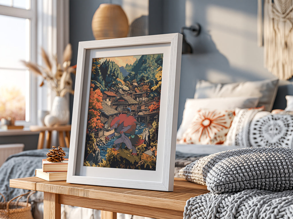Framed fantasy poster featuring Zoroark in red and gray with autumn village background in warm tones