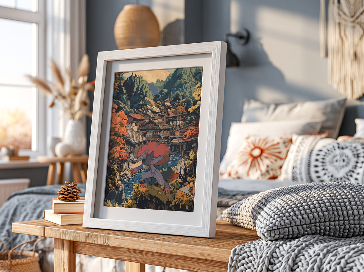 Framed fantasy poster featuring Zoroark in red and gray with autumn village background in warm tones