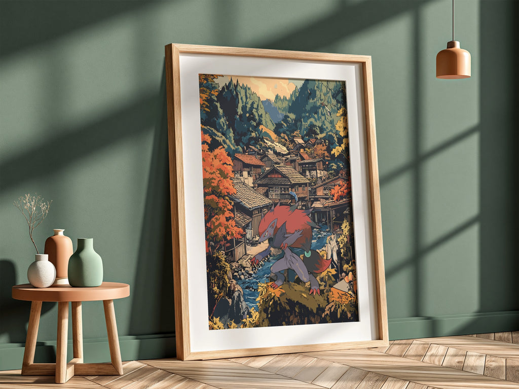 Framed fantasy poster featuring Zoroark in red and gray with autumn village background in warm tones