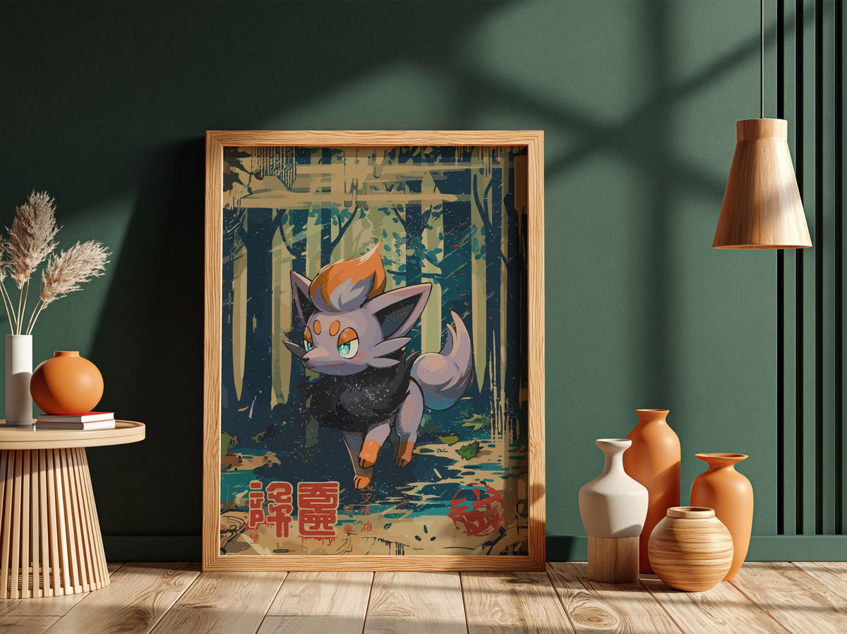 Poster of Zorua character in vibrant navy, orange, and purple colors with stylized forest background