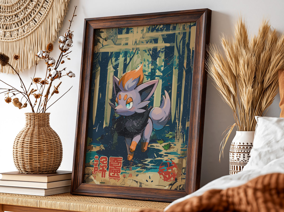 Poster of Zorua character in vibrant navy, orange, and purple colors with stylized forest background
