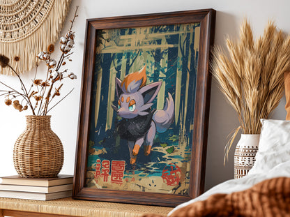 Poster of Zorua character in vibrant navy, orange, and purple colors with stylized forest background