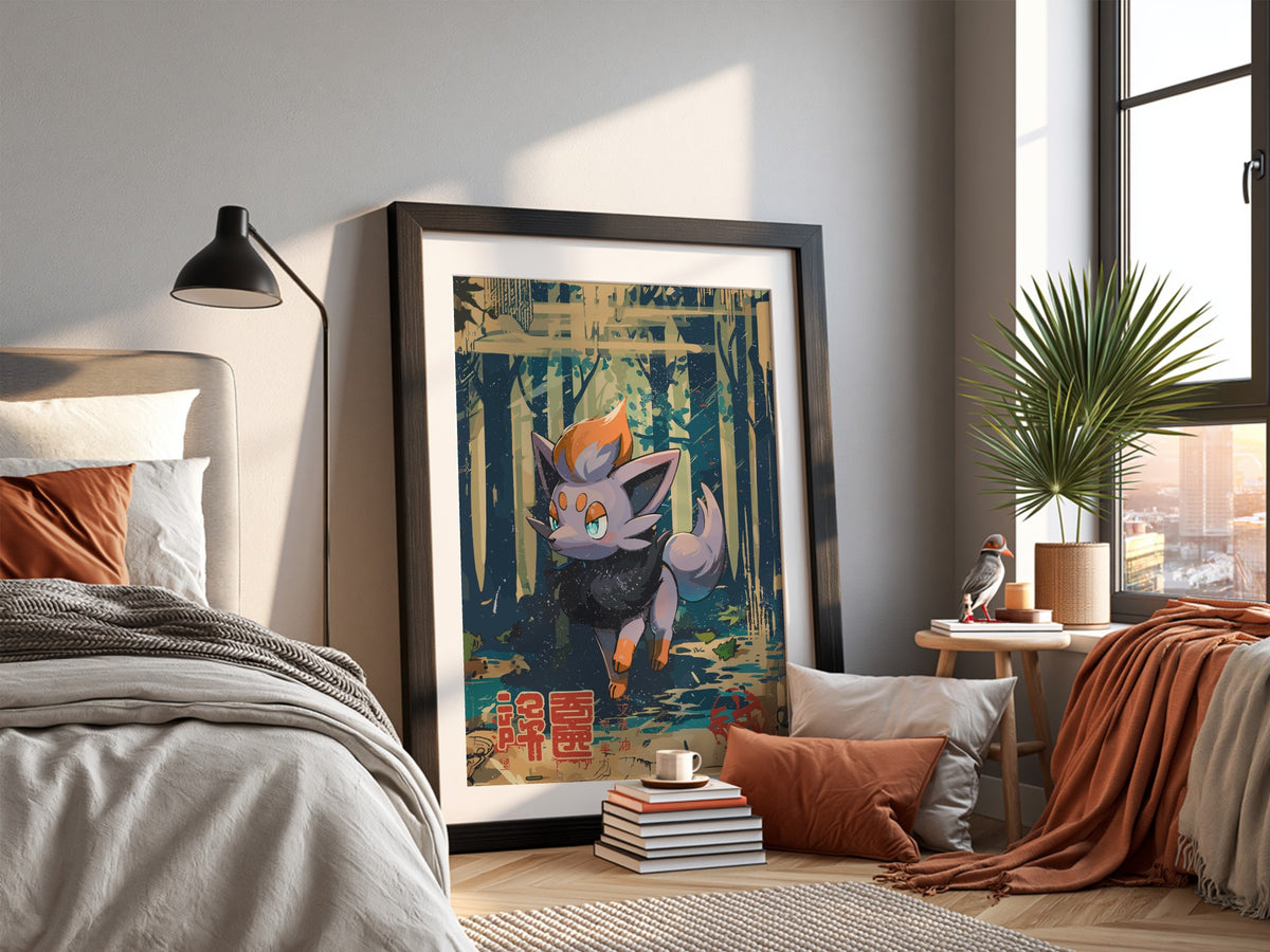 Poster of Zorua character in vibrant navy, orange, and purple colors with stylized forest background