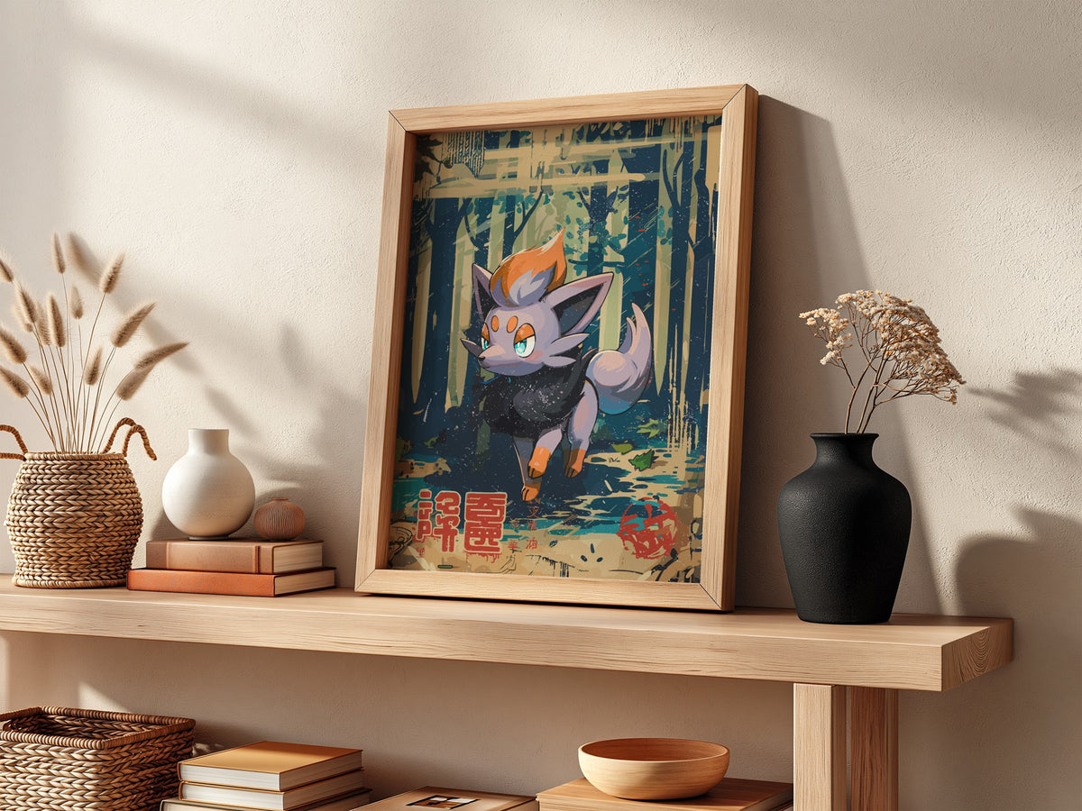 Poster of Zorua character in vibrant navy, orange, and purple colors with stylized forest background