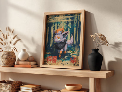 Poster of Zorua character in vibrant navy, orange, and purple colors with stylized forest background
