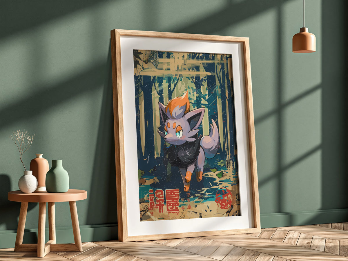 Poster of Zorua character in vibrant navy, orange, and purple colors with stylized forest background
