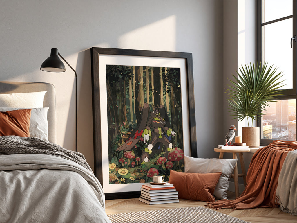 Poster of Zygarde in a stylized forest scene with green, brown, and red colors