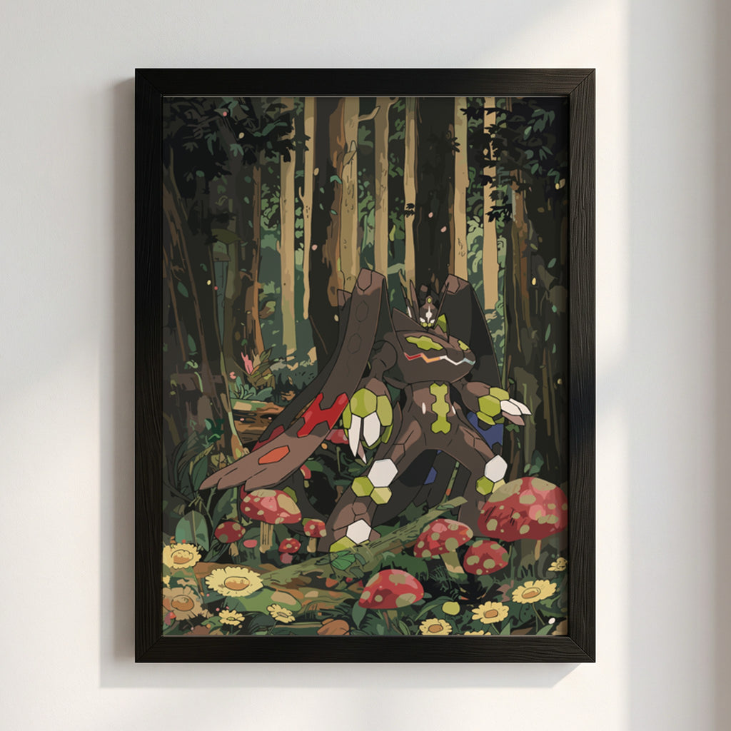 Poster of Zygarde in a stylized forest scene with green, brown, and red colors
