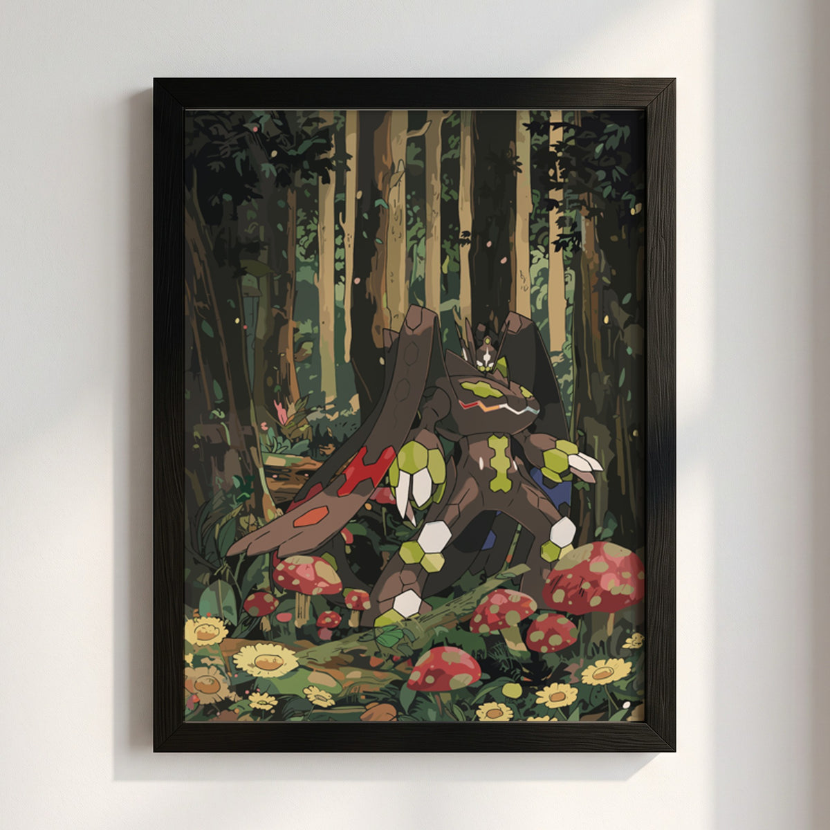 Poster of Zygarde in a stylized forest scene with green, brown, and red colors